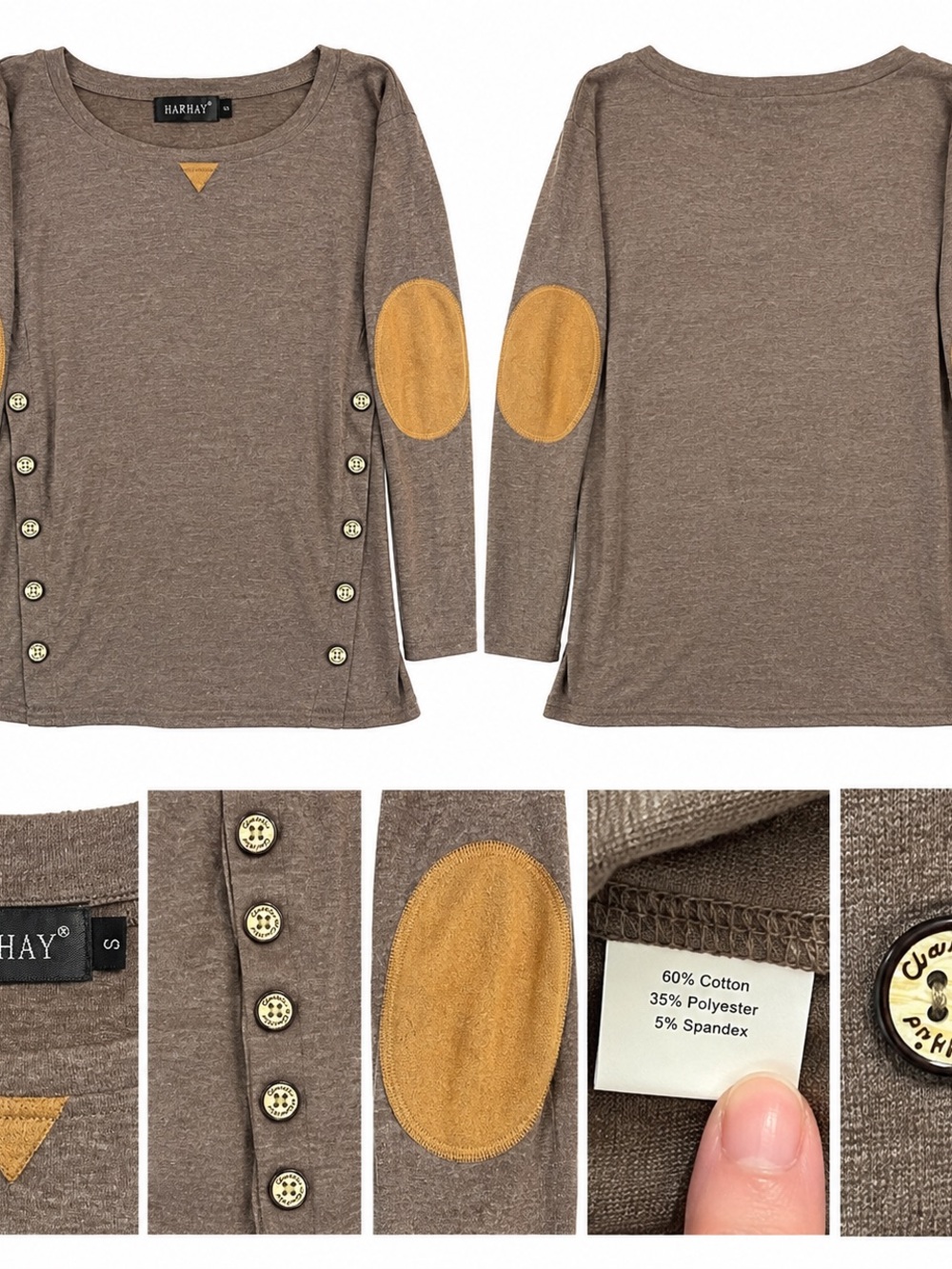 HARHAY Women’s Small Brown Long Sleeve Top Suede Elbow Patches Button Detail